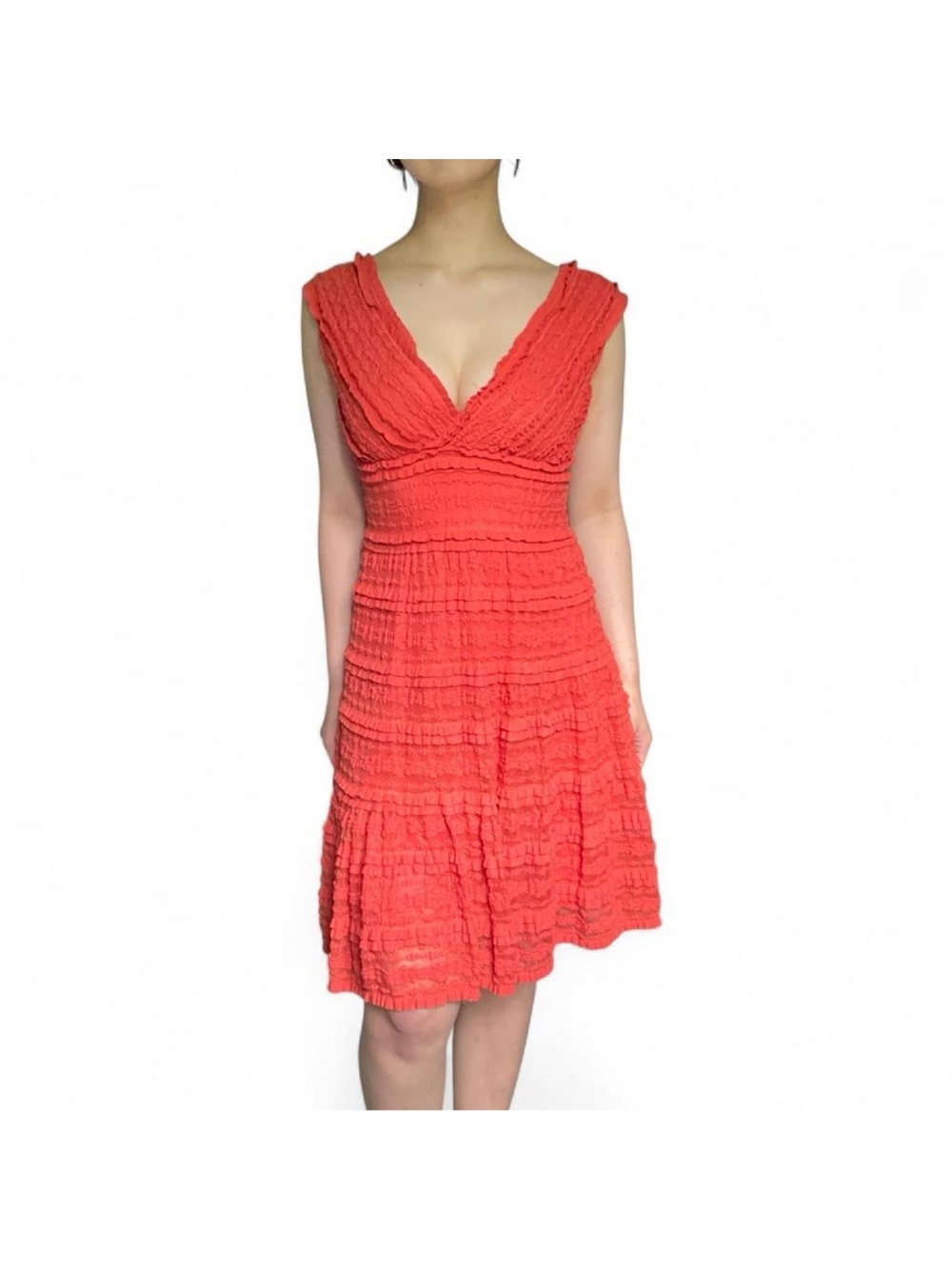 y2k vintage red-orange lace ruffle tiered midi dress w/ v-neck & low cut back
